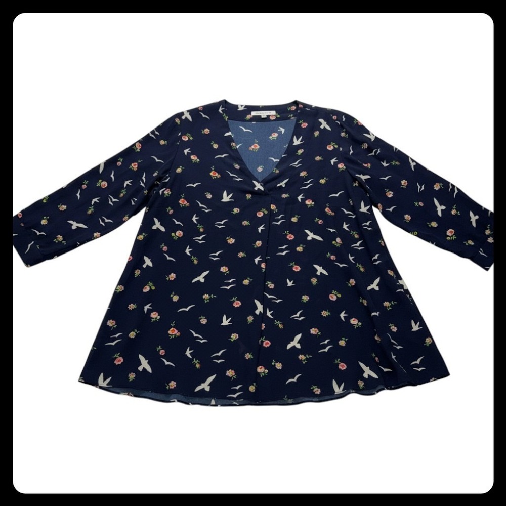 Rose+Olive Blouse Women 1X Navy Blue Bird Floral V-Neck Tunic Top Casual